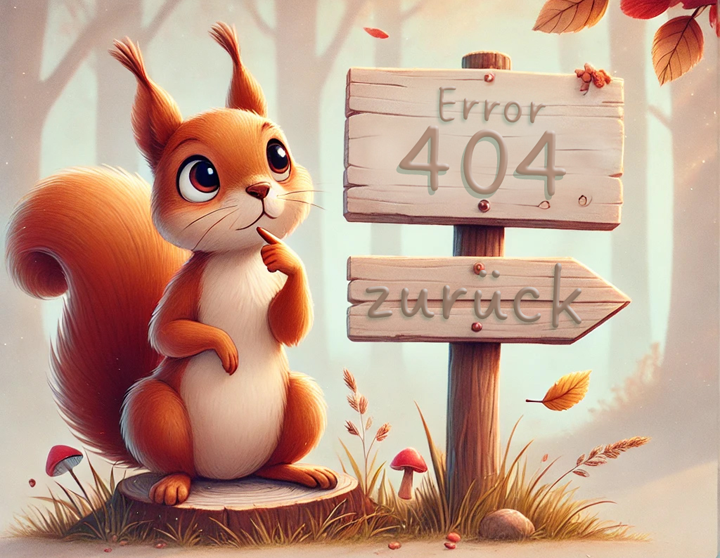 Illustration eines niedlichen, nachdenklichen Eichhörnchens, das neben einem Holzwegweiser mit der Aufschrift 'Error 404 – zurück' sitzt. Das Bild symbolisiert eine nicht gefundene Seite auf charmante Weise.