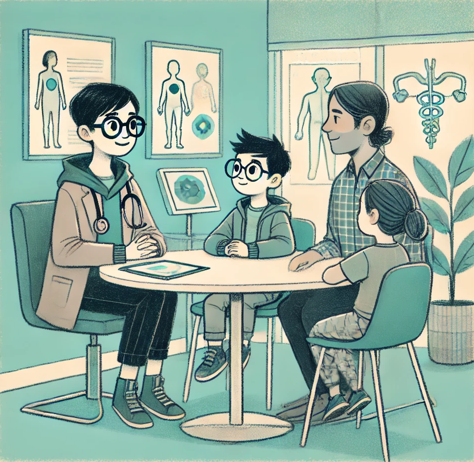Illustration of a psychoeducational counseling session. A professional counselor (young, with short black hair and glasses) is seated at a table with a mother and her child. The counselor is shown from behind, engaging with the mother and child, creating a calm and inviting atmosphere in a modern office setting. The environment is minimalistic with soft lighting and neutral tones, evoking a sense of trust and comfort.