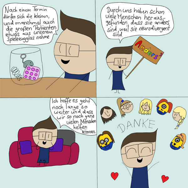 Ein Comic, der einen Einblick in die Atmosphäre der Praxis und die Wertschätzung für das Team zeigt. Im ersten Panel zeigt Bitte den Patienten nach ihren Terminen Spielzeug. Im zweiten Panel hält Bitte eine Flagge mit dem Anders³-Logo und erklärt, wie viele Menschen ihre Neurodivergenz mit Hilfe der Praxis entdeckt haben. Das letzte Panel zeigt Bitte auf einer Couch, umgeben von Charakteren, die das Team repräsentieren, und drückt seine Dankbarkeit mit dem Wort 'DANKE' und Herzen aus.