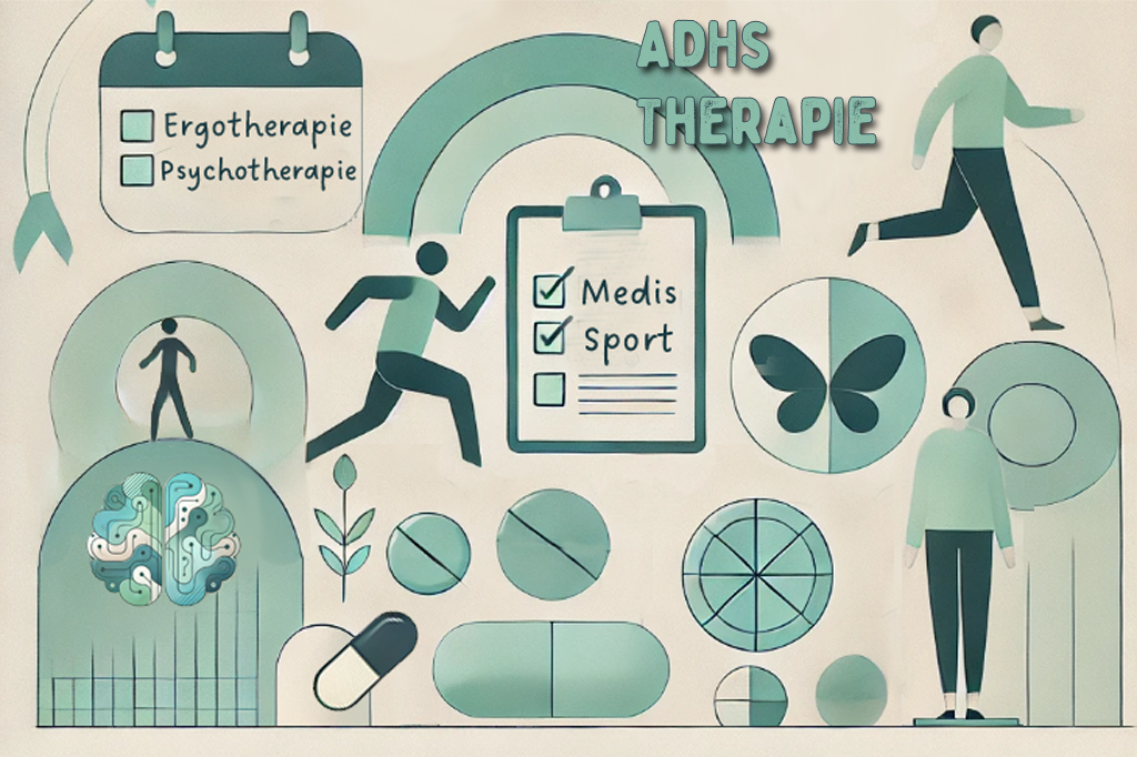 Illustration: Ein Schreibtisch mit Laptop, bunten Stiften, Notizbuch und weiteren Elementen, die Coaching, Ergotherapie und verwandte Bereiche symbolisieren – passend zur ADHD-Therapie